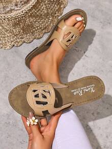 Korean Style Casual Flat Slippers, Women's Shoes, Open Toe Sandals For Spring, Summer, Suitable For Dresses, Beach, Apartment, Brown Color - Apricot - View 2