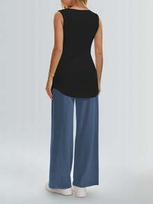 Women's Long Casual Round Neck T-Shirt, Loose Side Basic Top, Spring/Summer - Black - View 6