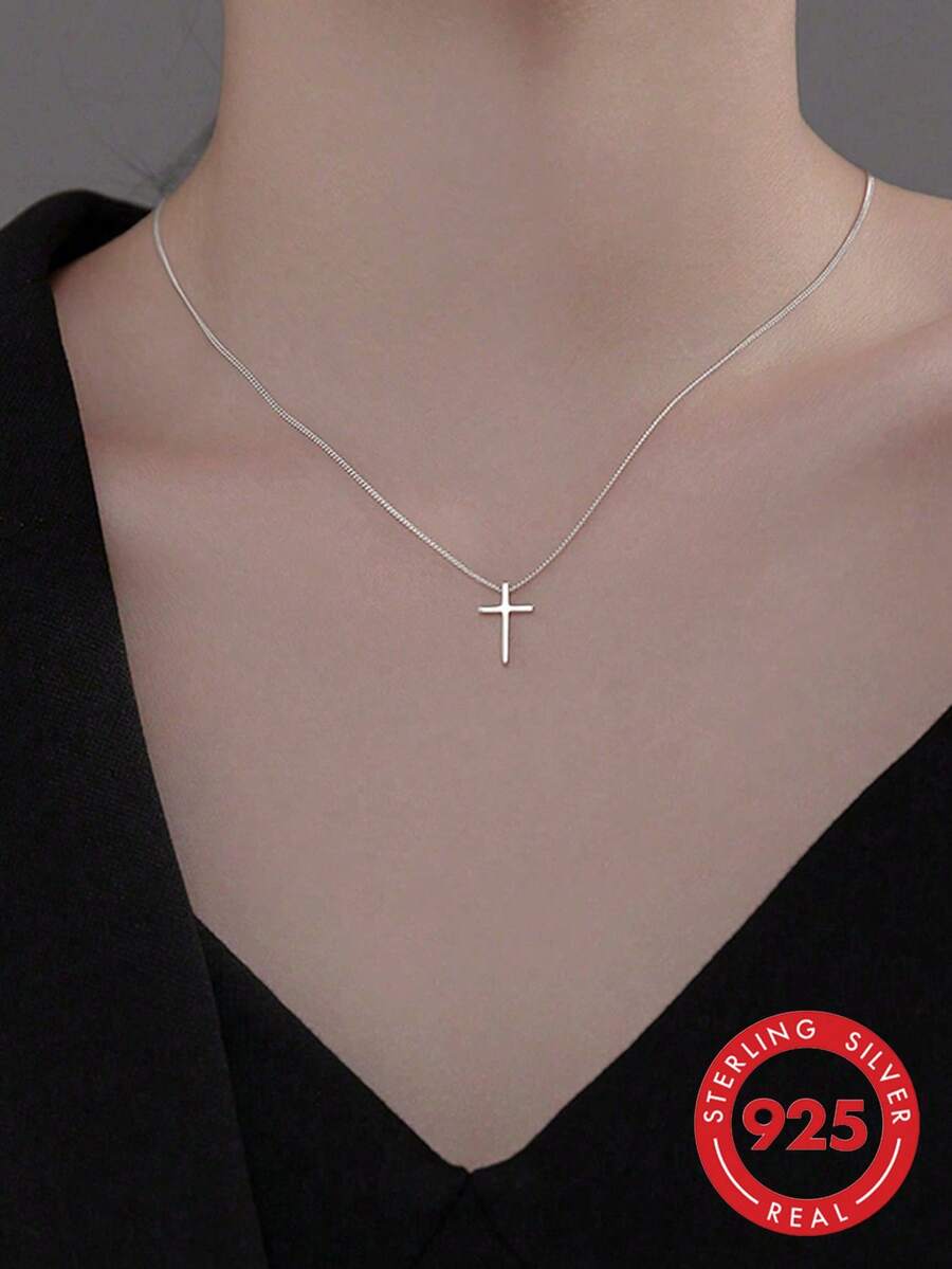 BALMORA 1pc Minimalist S925 Sterling Silver Polished Cross Necklace, Party Gift For Women - Silver - View 1