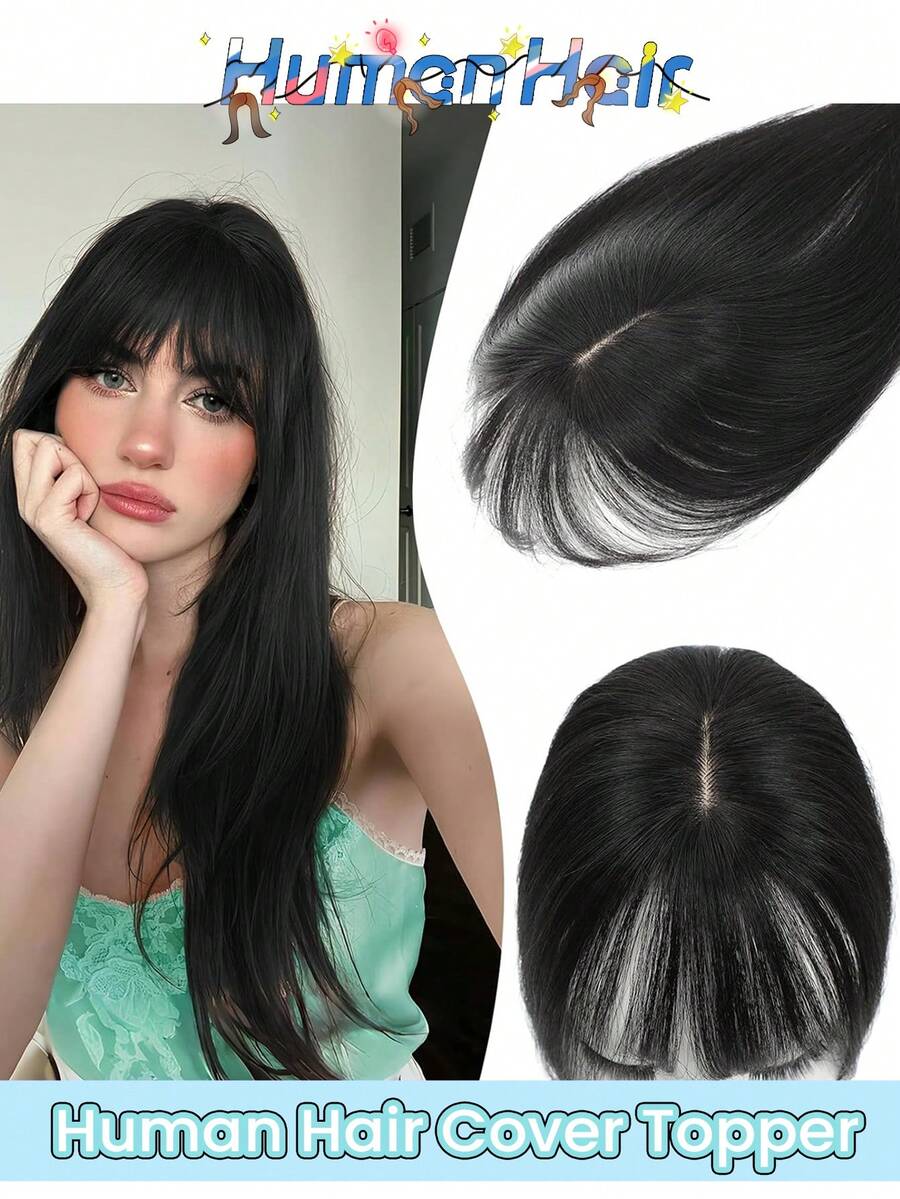 3 miếng tóc giả kẹp không đường may, đế lụa, mái bằng thẳng, phù hợp cho phụ nữ tóc mỏng, dùng hàng ngày, tóc giả màu đen tự nhiên thẳng. - Natural Black - Xem 1