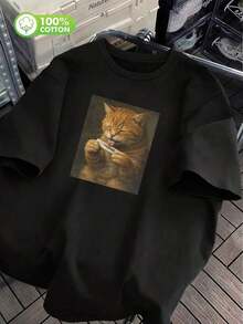 2026.tops.T-shirt pour femmes avec imprimé de chat amusant, design mignon et unique, humoristique et accrocheur, style urbain, 100% coton, col rond, manches courtes, vêtement décontracté grande taille, t-shirt rétro, haut noir printemps/été - Noir - Voir 1
