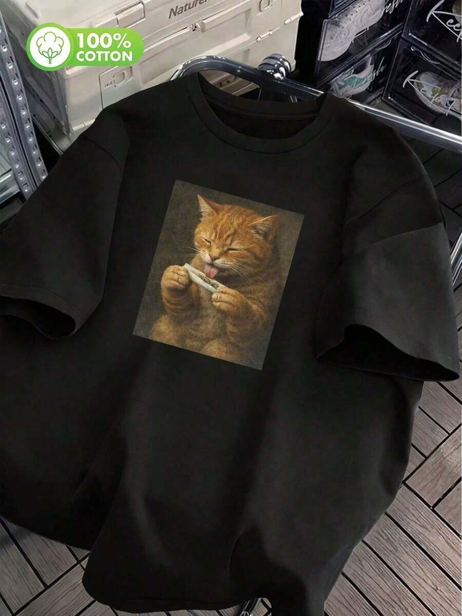 2026.tops.T-shirt pour femmes avec imprimé de chat amusant, design mignon et unique, humoristique et accrocheur, style urbain, 100% coton, col rond, manches courtes, vêtement décontracté grande taille, t-shirt rétro, haut noir printemps/été - Noir - Voir 1