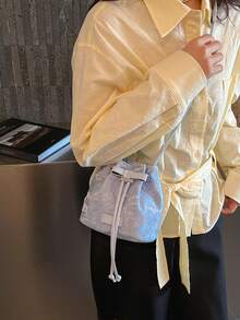 1个尼龙纯色抽绳水桶包，迷你斜挎单肩包，女士时尚款 - 淺藍色 - 查看 7