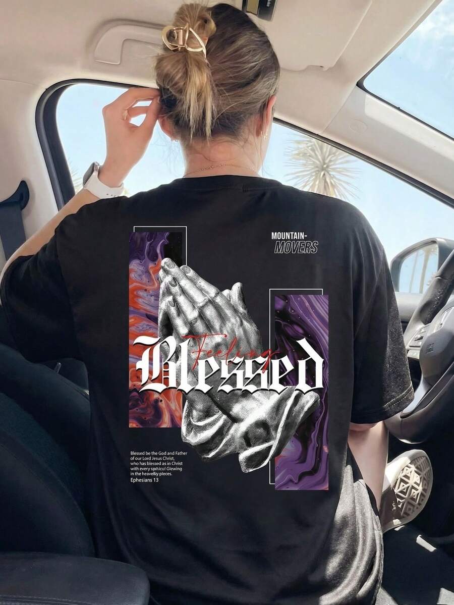 Áo thun mỏng nhẹ, mềm mại, thoải mái, dáng regular fit, phong cách streetwear, lấy cảm hứng từ Pinterest, in hình bàn tay cầu nguyện và khẩu hiệu Gothic "Feeling" ở mặt sau, áo thun đen in câu nói về đức tin. - màu đen - Xem 1