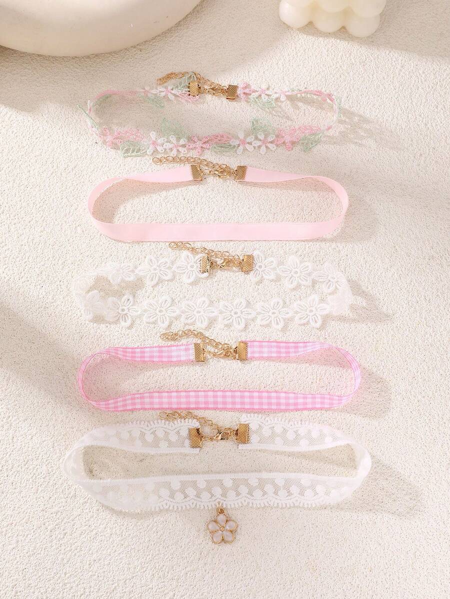 5pcs/Set Girls' Satin Ribbon Flower Necklace Jewelry Set - Pink - View 1