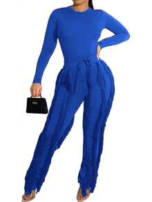 Women's Sexy Two Piece Outfits Long Sleeve Fringe Pants Set Clubwear Going Out Birthday Party Night Outfits - 藍色 - 查看 4