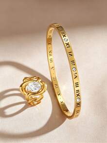 2 pièces Ensemble de bracelet et bague avec chiffres romains en strass, bracelet ouvert doré vintage avec zirconium ovale, bijoux élégants et polyvalents, convenant pour un port quotidien, cadeaux pour la petite amie lors des fêtes, anniversaire, anniversaire de mariage - Doré - Voir 1