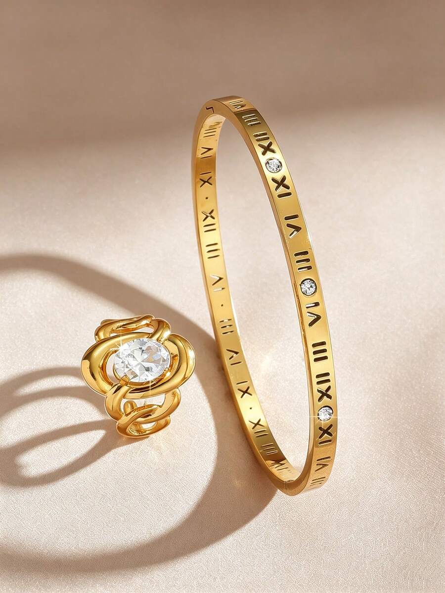 2 pièces Ensemble de bracelet et bague avec chiffres romains en strass, bracelet ouvert doré vintage avec zirconium ovale, bijoux élégants et polyvalents, convenant pour un port quotidien, cadeaux pour la petite amie lors des fêtes, anniversaire, anniversaire de mariage - Doré - Voir 1