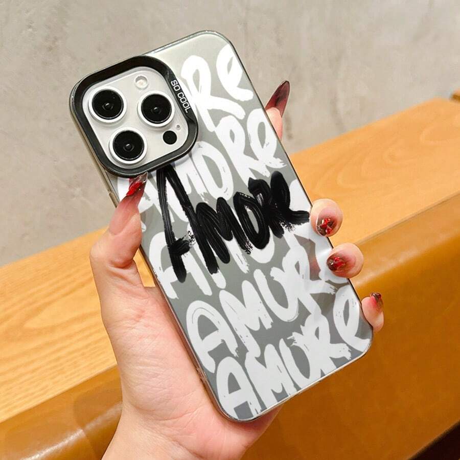 Slogan S2Amore-Love 手机壳，兼容 16、15、14、13、12、11 Pro Max、X、XR、XS Max、8、7 Plus，防震磨砂后盖 - 黑色 - 查看 1