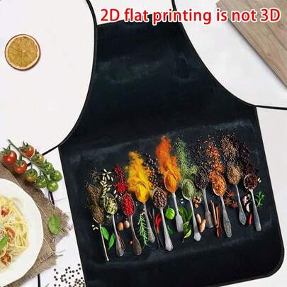 一件黑色背景香料勺印花围裙，鲜艳的香草和调味料图案营造温馨氛围，这款烹饪围裙适合烘焙师、蛋糕装饰师、烧烤爱好者、园丁、画家、美甲师等——是送给家庭和专业厨师的完美礼物。