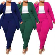 Women's Plus Size Elegant Solid Pant Suit Set - Open Front Long Sleeve Blazer & Elastic Waist Trousers Workwear - Hot Pink - View 6