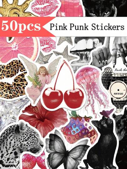 50pcs Pink Punk Stickers For Suitcase Skateboard Guitar Laptop Desktop Room Decor Graffiti Stickers