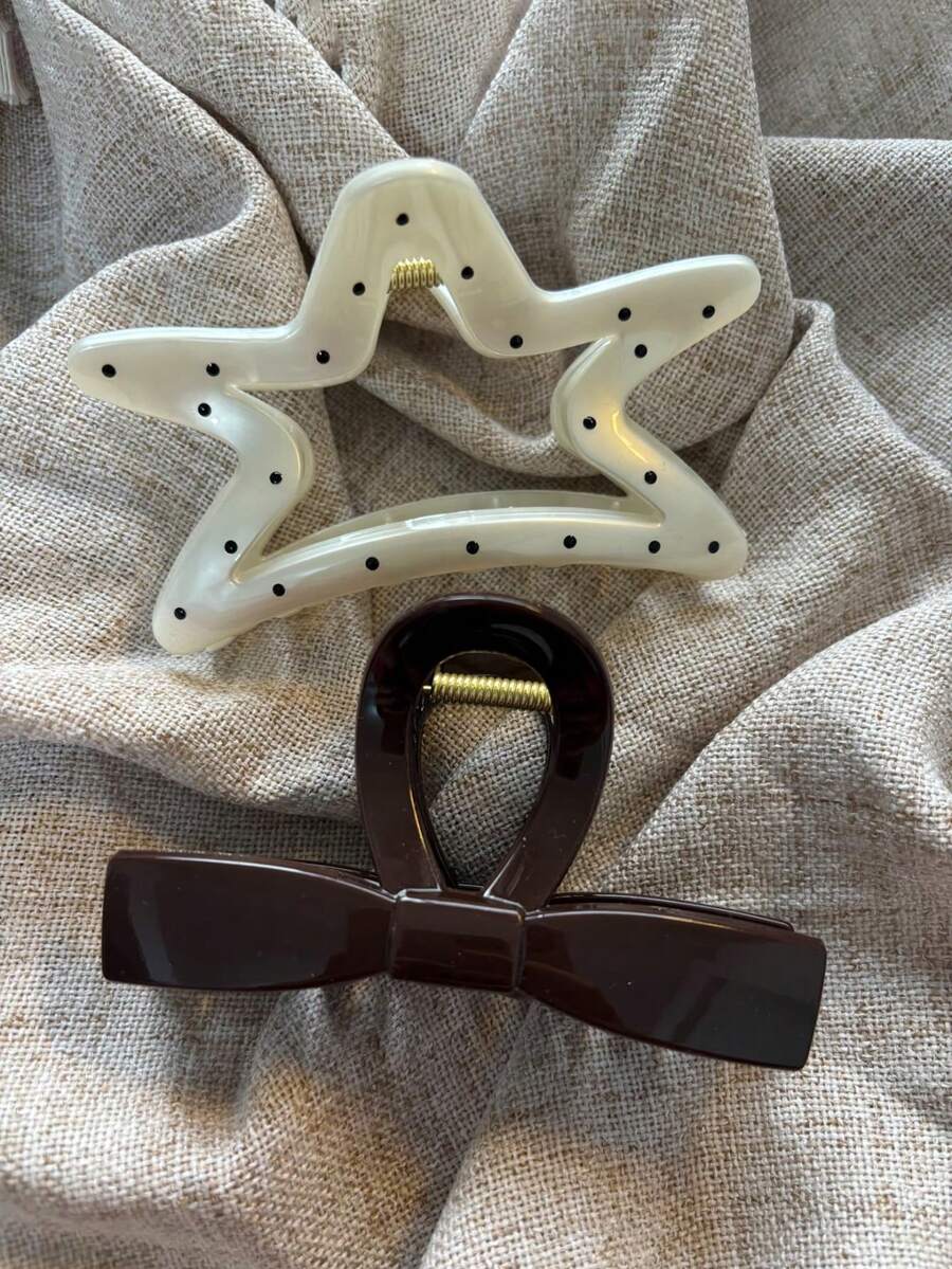 2 Stücke/1 Stück braune Schleife & Polka Punkt Kunststoff Haarclips, 12,5 cm/4,92 Zoll, vielseitig, elegant, minimalistischer Stil, geeignet für Alltag, lässig, Party, Pendeln, Strand, Dutt, Pferdeschwanz, Gesichtswäsche, Make-up, Outfit Accessoire Sommer Haarklammern Strand Klammern Urlaubs Haarklammern - Verschiedenfarbig - Übersicht 1