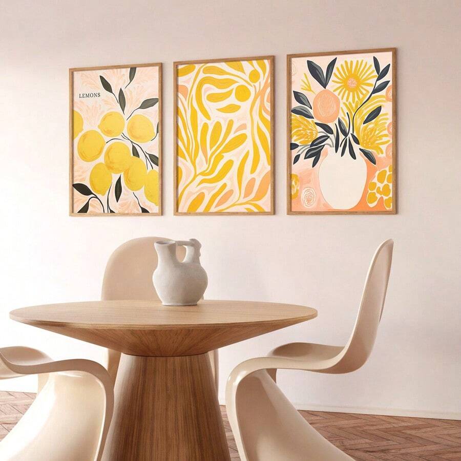3Pcs Boho Lemon Fruit Floral Canvas Wall Art, Abstract Yellow Citrus & Flower Vase Prints, Modern Mid-Century Decor For Kitchen Dining Room, Boho Home Decoration, Frameless - 817 - View 1