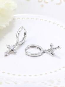 Bông tai bạc nguyên chất đính đá Cubic Zirconia hình chữ thập, không gây dị ứng, thanh lịch dành cho nữ, thích hợp đeo hàng ngày hoặc làm quà tặng sinh nhật. - Bạc - Xem 5