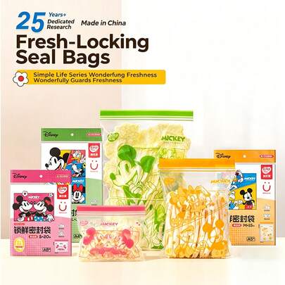  Bolsas de sellado de comida con diseños de dibujos animados de Disney con licencia oficial, de material de PE, bolsas de almacenamiento herméticas y a prueba de fugas, aptas para refrigerador, congelador, microondas, bolsas reutilizables para conservación de alimentos, disponibles en tamaños grande/mediano/pequeño