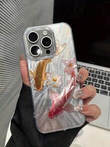 1pc Silver 2-In-1 Elegant Feather Mesh IMD Anti-Drop Koi Fish Pattern Phone Case Compatible With IPhone 15 Pro Max, X, XR, 11, 12, 13, 14, 15, 16, 17, 13 Pro Max, 16 Pro Max, 17 Pro Max And Other Models - Silver - View 2