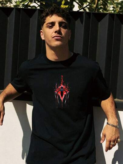 Blood Drop Spider Shape 2026 1pcs Men's Solid Black Short Sleeve-Shirt| 180g Cotton Breathable Fabric| Y2K Street Urban Fashion| High Comfort Casual Tee Youth| S-3XL
