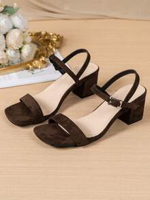 1 Pair New Women's Suede Square Toe Party Chunky Heel Sandals, Summer Open Toe Versatile Sexy Slimming Commute Classic Mid-High Heel Shoes - Brown - View 6