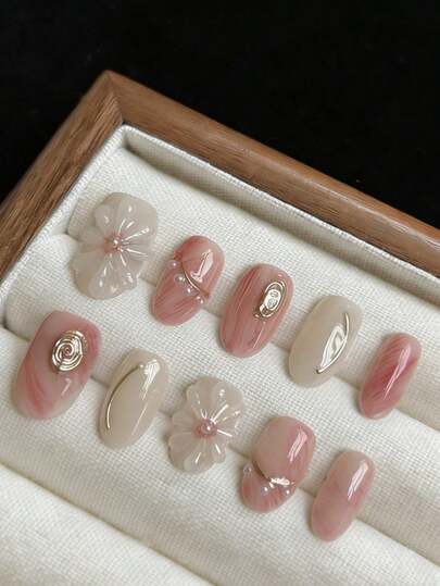 qihangxin 10片手工杏仁形美甲贴纸，柔和撞色设计，轻盈奢华，高端染色工艺，花卉装饰，适合多种风格，圣诞礼物，假指甲，按压式短指甲，美甲用品，手工按压式美甲