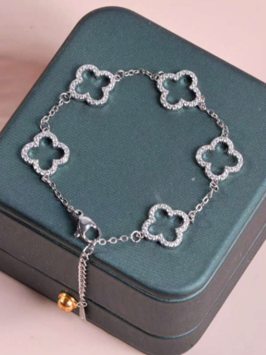 1件极简四叶草手链,法式甜美奢华立方氧化锆花朵饰品(不含礼盒) - 銀色 - 查看 1