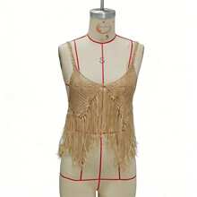 Conjunto de Top Sin Mangas y Falda Corta de Crochet con Flecos para Mujer, Unicolor, Fluido y Delgado para Fiestas y Clubes de Verano - Dorado - Ver 4