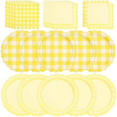 48PCS Yellow Gingham Paper Plates And Napkins Sets - Yellow Scalloped Party Supplies Tableware, Disposable Dinner Plates Napkins Kit Birthday Shower Wedding Party Decorations
