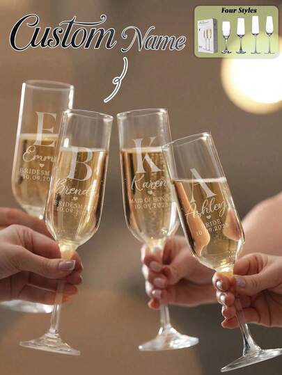 1pc Personalized Champagne Glass - Durable Glass - Customizable Name, Comes With Premium Gift Box And Foam Padding, Exquisitely Engraved Champagne Flute, Wedding Glass, Bridesmaid Gift, Bridal Anniversary - Luxury Collectible, High-Quality Reusable Hand-Wash Glass, Romantic Couple Gift, Suitable For Valentine's Day