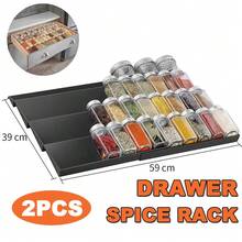 Expandable Spice Drawer Organizer, 4 Tier- 2 Set Drawer Seasoning Organizer, Kitchen Spice Rack Tray For Drawer/Countertop Black - 查看 3