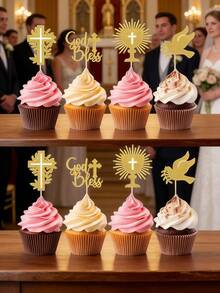 48/24/12/1 món Trang trí bánh cưới, Trang trí bánh cupcake chủ đề Chúa ban phước và Thánh giá, Trang trí bánh lễ rửa tội/lễ đặt tên, lấp lánh vàng - Bánh hình chim bồ câu hòa bình - Xem 2