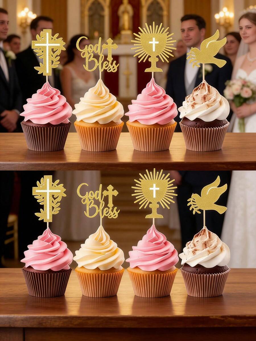 48/24/12/1件婚礼蛋糕装饰,上帝保佑十字架纸杯蛋糕装饰,闪亮金色洗礼受洗蛋糕装饰 - 和平鴿蛋糕插 - 查看 1
