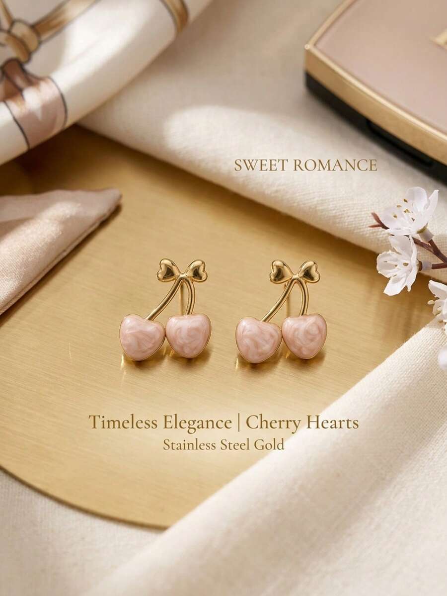 1 Đôi bông tai hình nơ thắt nơ bằng thép không gỉ mạ vàng 18K màu hồng đá cẩm thạch đính quả anh đào lãng mạn cổ điển dành cho nữ, thích hợp cho Ngày Valentine, hẹn hò, đeo hàng ngày, sinh nhật, tiệc tùng, kỳ nghỉ và đám cưới. - Vàng - Xem 1