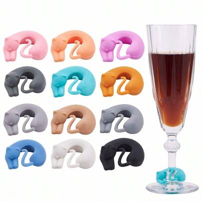 Set Of 12 Cat-Shaped Drink Markers – Animal & Kitten-Themed Wine Charms – Silicone Glass Markers – Suitable For Champagne Flutes, Cocktails, Gin, And Wine Glasses