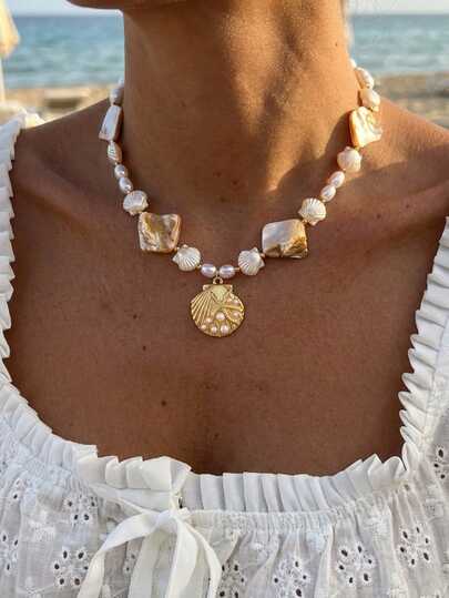 1 pièce Collier style vacances d'été avec coquillage et perle, collier de perles mode femme, convient pour les accessoires de rue, de fête et de plage pour femmes
