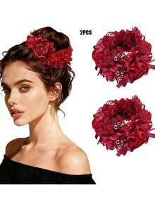 2条波西米亚风玫瑰花发带 | 时尚蕾丝刺绣布艺花朵发圈，适合日常佩戴和婚礼派对 - 彩色 - 查看 12