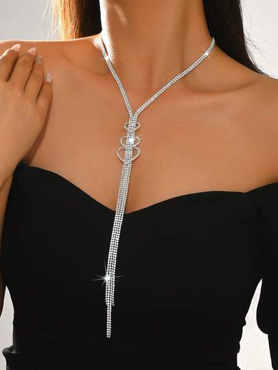 1 pieza Collar de mujer con borla en forma de Y, colgante de borla de cristal brillante con diseño de 3 corazones, joyería para boda y fiesta, regalo del Día de San Valentín