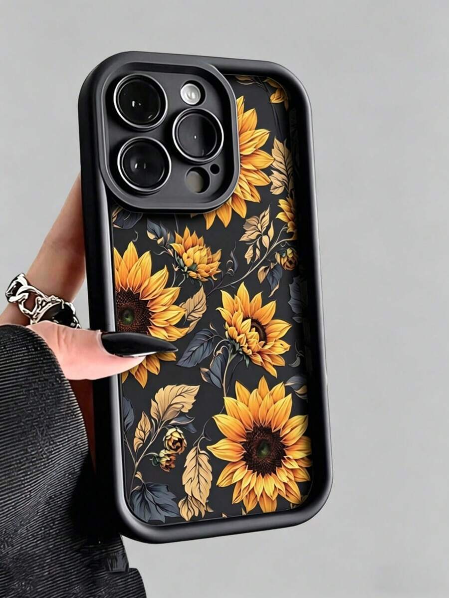 1 chiếc ốp lưng điện thoại chống rơi bằng tre cao cấp mới, họa tiết hoa hướng dương, độc đáo, dày dặn, tương thích với Apple 17 ProMax/Air, 16, 11/12/13/14 Plus, XR, 7/8 Plus, 15 ProMax - màu đen - Xem 1