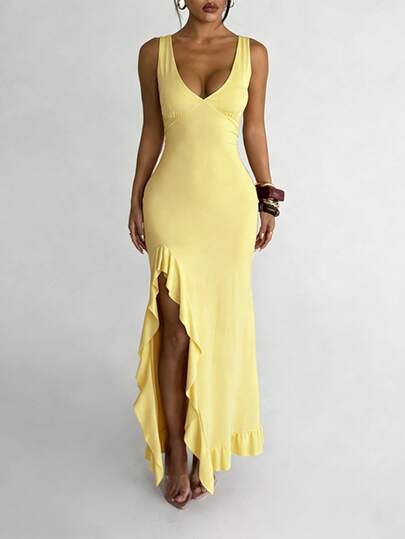 WOWDARK Summer Solid Color Dress, Fashionable Sexy V-Neck Ruffle Hem Slit Party Dress For Women, Elegant Dress Suitable For Valentine's Day, Dates, Gatherings, Parties, Travel, Vacation, Beach And Other Occasions. Note: Please Wear Skin-Colored Undergarments. Wedding