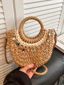 Bohemian Style Straw Half-Circle Bag, Shell & Tassel & Sequin Design, Beach Holiday Photo Prop Crossbody Bag, Versatile Woven Small Handbag, Daily Shoulder Bag For Spring & Summer - Khaki - View 8