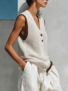 Áo vest dệt kim hai màu bất đối xứng dành cho nữ, áo kiểu dệt kim cổ chữ V sâu thanh lịch, áo tank top tối giản thường ngày dành cho nữ, thích hợp cho các buổi đi chơi mùa xuân/hè, du lịch, kỳ nghỉ, hẹn hò. - Nhiều màu - Xem 2