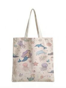 1pc Mermaid Print Canvas Large Capacity Open Top Shoulder Tote Bag, Suitable For Students Daily Shopping, Commuting, Travel - Multicolor - View 10