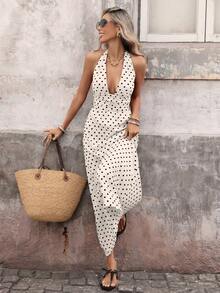 Vestido de tirantes con escote en V profundo y estampado de lunares, estilo vintage de vacaciones - Albaricoque - Ver 6