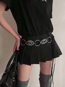 1pc Women's Black Round Buckle Pu Leather Belt With Rivet Detail Halloween Summer, School Fall, Autumn, Halloween - 1pcs - 查看 5