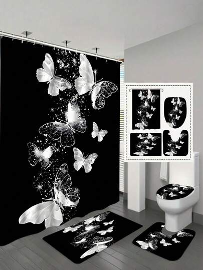 4pcs Elegant Butterfly Print Polyester Bathroom Set, Including Waterproof Woven Curtain, Machine Washable, With Hooks And Accessories, Easy Installation - Fashionable Decor For All Seasons