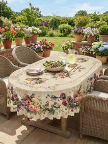 1 Pc Watercolor Bird Rose Flower Print Round & Rectangle White Tablecloth, Romantic Country Rustic Style Premium Polyester Waterproof Stain Resistant Oil-Proof Dust-Proof Washable Reusable Spring Summer Tablecloth For Home Decor, Kitchen Wedding, Wedding Table, Centrepiece Room Decor - Multicolor - View 5