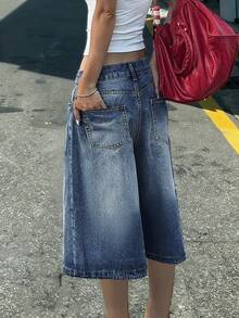 Quần short denim nữ cạp thấp, kiểu dáng suông, quần Bermuda ống đứng, đa năng cho trang phục hàng ngày mùa hè. - Rửa tối - Xem 3