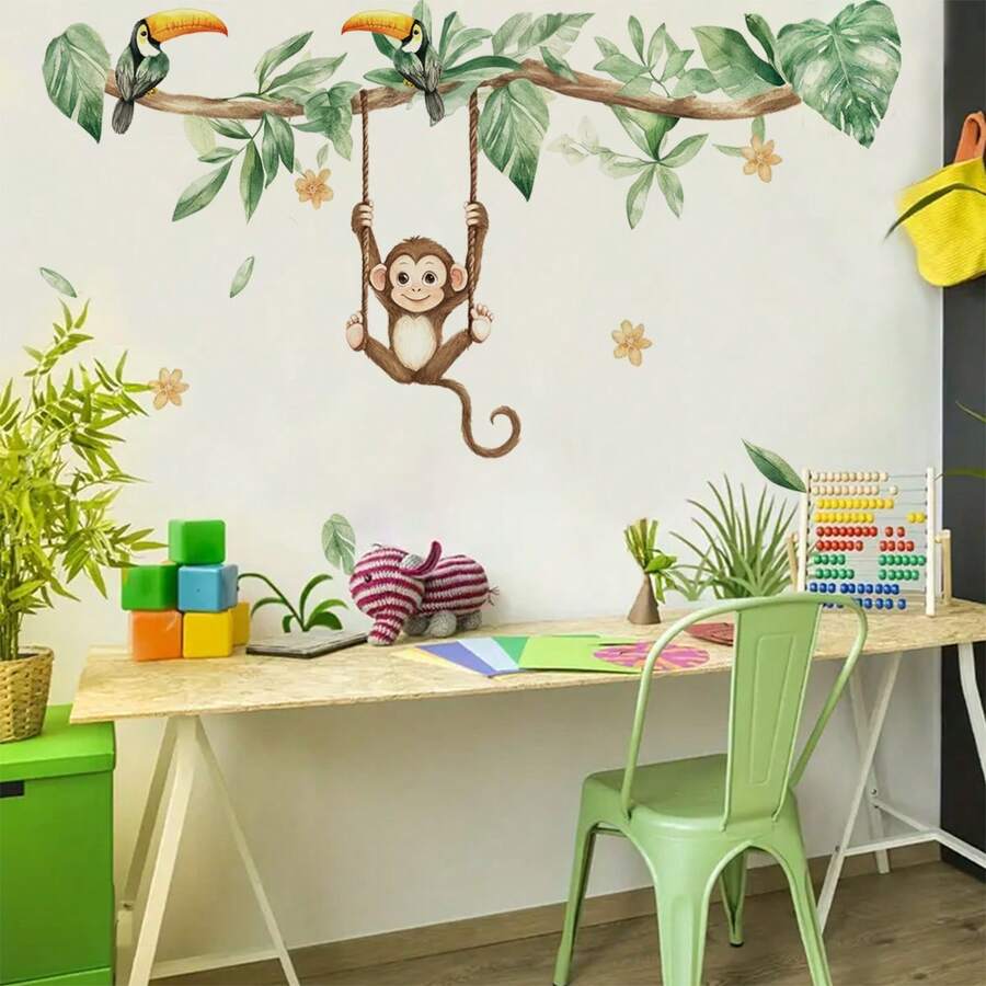1pc Fresh Green Plant & Animal Wall Sticker, Toucan Monkey Self-Adhesive Easy To Apply Wall Decor For Kids Room - Multicolor - View 1
