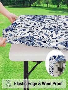 1 pieza Mantel elástico con estampado floral de porcelana azul y blanco, cubierta de mesa rectangular impermeable y resistente a las manchas, adecuada para patio, jardín, comedor al aire libre, decoración de cocina del hogar, protector de mesa bohemio y retro - A - Ver 5
