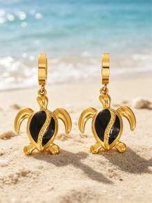 18K Gold Plated Enamel Sea Turtle Drop Earrings, Bohemian Style Gold Summer Beach Vacation Accessories, Stainless Steel Waterproof Beach Earrings (Multiple Enamel Colors Available) - Gold - View 9