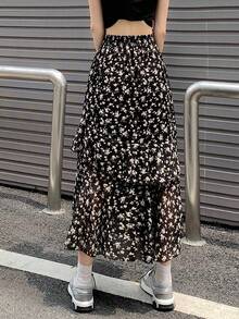 Asymmetrical Chiffon Ditsy Floral Skirt, Summer Plus Size High Waist A-Line Mid-Length Slit Skirt For Women Vacation Black - Black - View 6